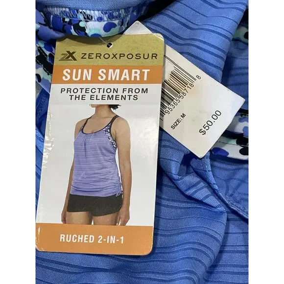 NWT-ZeroXposure 2 in 1 ruched Athletic Blue Floral Built In Bra Tank Top Size M - Picture 4 of 6